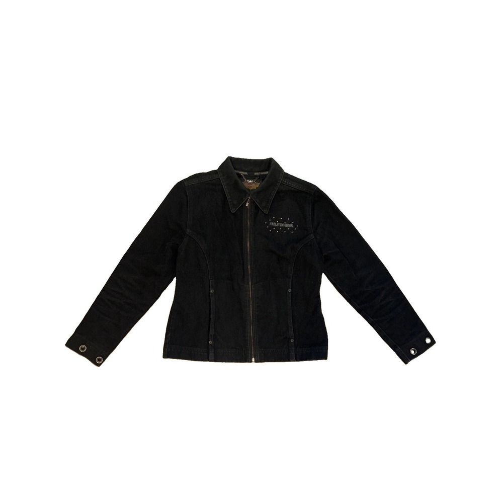 Harley Davidson Jacket Womens Size Small Black Denim Original Full Zip VTG Y2K